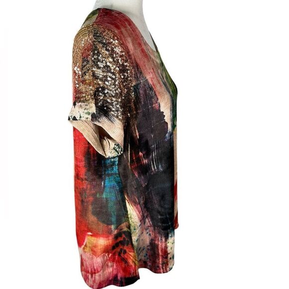 Top Ligne Tan & Red Watercolor Sequin Short Sleeve Knit Top - Picture 3 of 7